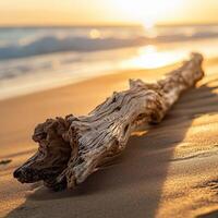 A driftwood log on the beach at sunset photo