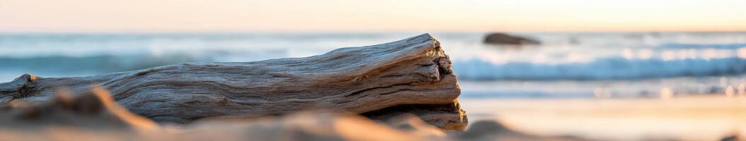 A driftwood log on the beach at sunset photo