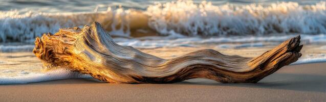 Driftwood on the beach at sunset photo