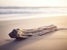 A driftwood log lying on the sand at the beach photo