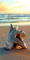 A driftwood log on the beach at sunset photo