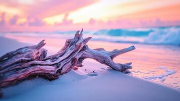 Driftwood on the beach at sunset photo