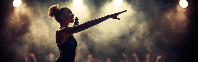 A woman is singing into a microphone in front of a crowd photo