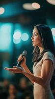 Woman speaking into microphone at a conference photo
