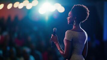 A woman is standing in front of a microphone photo