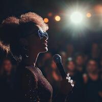 A woman with an afro wearing sunglasses holding a microphone photo