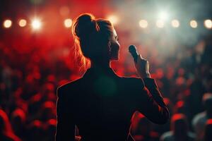 A woman is holding a microphone in front of a crowd photo