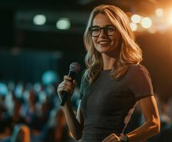 A woman in glasses holding a microphone photo