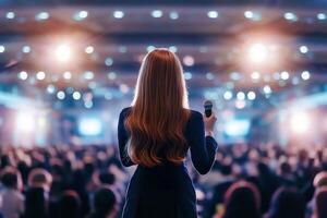 A woman is standing in front of a crowd at a conference photo