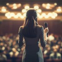 Woman speaking into microphone in front of audience photo