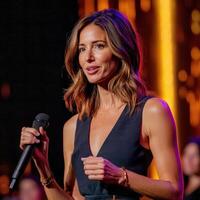 A woman in a black dress is holding a microphone photo