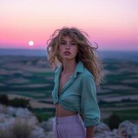 A beautiful blonde woman standing on a hill with the sun setting behind her photo