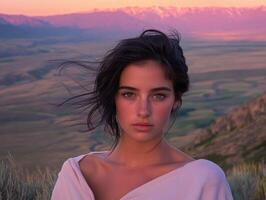 A woman with long hair standing in front of a mountain photo