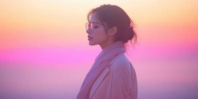 A woman in a pink scarf and glasses looking out to the horizon photo
