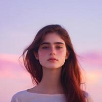 A beautiful young woman with red hair and pink eyes photo