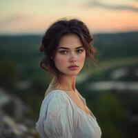 Beautiful woman in white dress looking at camera photo