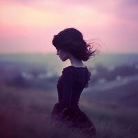 A woman in a black dress standing in a field photo