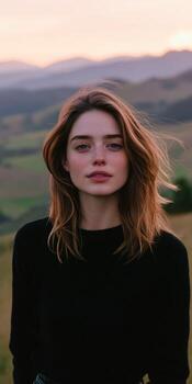 A woman standing in front of a mountain range photo