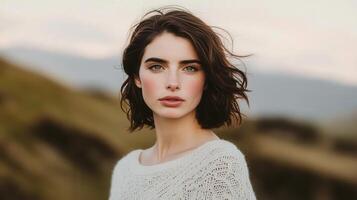 A woman with brown hair and a white sweater photo