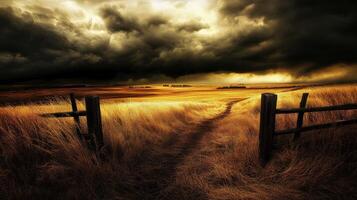 A path leading to a fence in a field photo