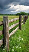 A wooden fence in a field with grass and flowers photo