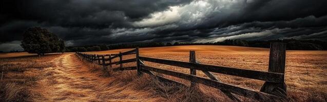 A fence and field with stormy clouds in the background photo