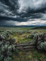 A fence and grassy field under stormy skies photo