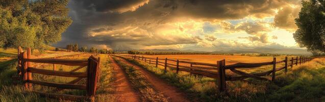 A dirt road leads to a field with a fence photo