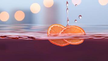 Fresh orange slices splashing into vibrant liquid, with soft bokeh background creating a lively atmosphere photo