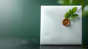 Elegant white envelope with a wax seal and green leaves on a dark surface, creating a serene atmosphere photo