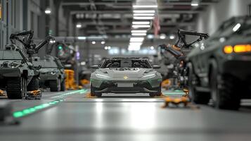 Futuristic automotive assembly line showcasing advanced robotic arms and military vehicles in production photo