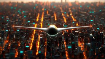 Futuristic aircraft soaring over a vibrant cityscape at dusk, illuminated streets below photo