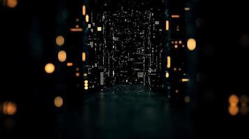 Futuristic corridor filled with glowing lights and digital structures, evoking a sci-fi ambiance photo