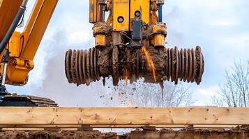 Excavator digging into the ground, releasing debris, with cloudy sky in the background photo