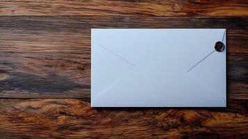 Elegant white envelope sealed with wax on a rustic wooden table, conveying a sense of anticipation photo