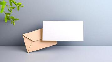 Minimalistic composition of a blank white envelope and card on a soft gray background with greenery photo