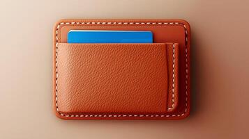 Close-up of a stylish brown leather wallet with a blue card partially visible, set against a soft gradient background photo