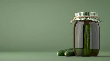 A glass jar filled with pickled cucumbers on a muted green background, showcasing freshness photo