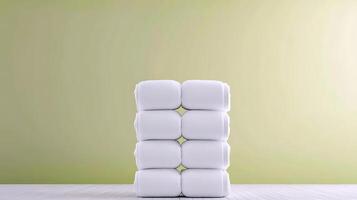 Stacked white towels neatly arranged against a soft green wall in a minimalist setting photo