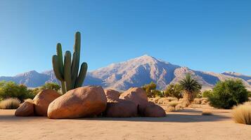 Serene desert landscape featuring cacti and rocks with mountains in the background photo