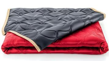 Luxurious red and black quilted blanket elegantly folded with intricate patterns, showcasing texture photo
