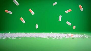 Colorful capsules and tablets falling onto a vibrant green background, creating a dynamic scene photo
