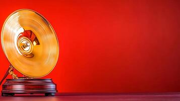 Vintage gramophone with a golden horn on a vibrant red background, evoking nostalgia and music photo