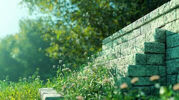 Serene stone steps surrounded by lush greenery under a bright sky in a tranquil garden setting photo
