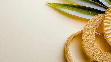 Vibrant display of abstract shapes and green leaves on a soft yellow background photo