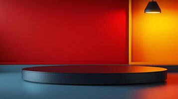 Modern showcase platform in a vibrant studio with colorful walls and dramatic lighting photo