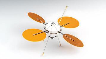 A futuristic drone with orange propellers hovering in a minimalist environment, showcasing innovation photo