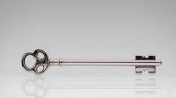 A vintage silver key resting on a reflective surface, symbolizing access and security photo