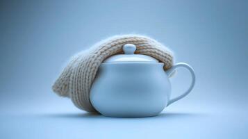 White ceramic teapot wrapped in a cozy knitted scarf on a soft blue background photo
