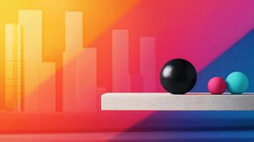 Abstract composition featuring geometric shapes on a platform with a colorful gradient backdrop photo